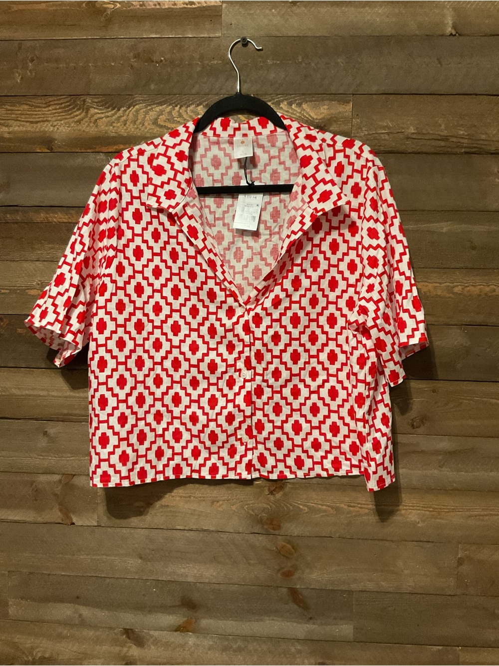 Shade & Shore Button Down Red White Graphic Short Sleeve Top Women’s Large NWT